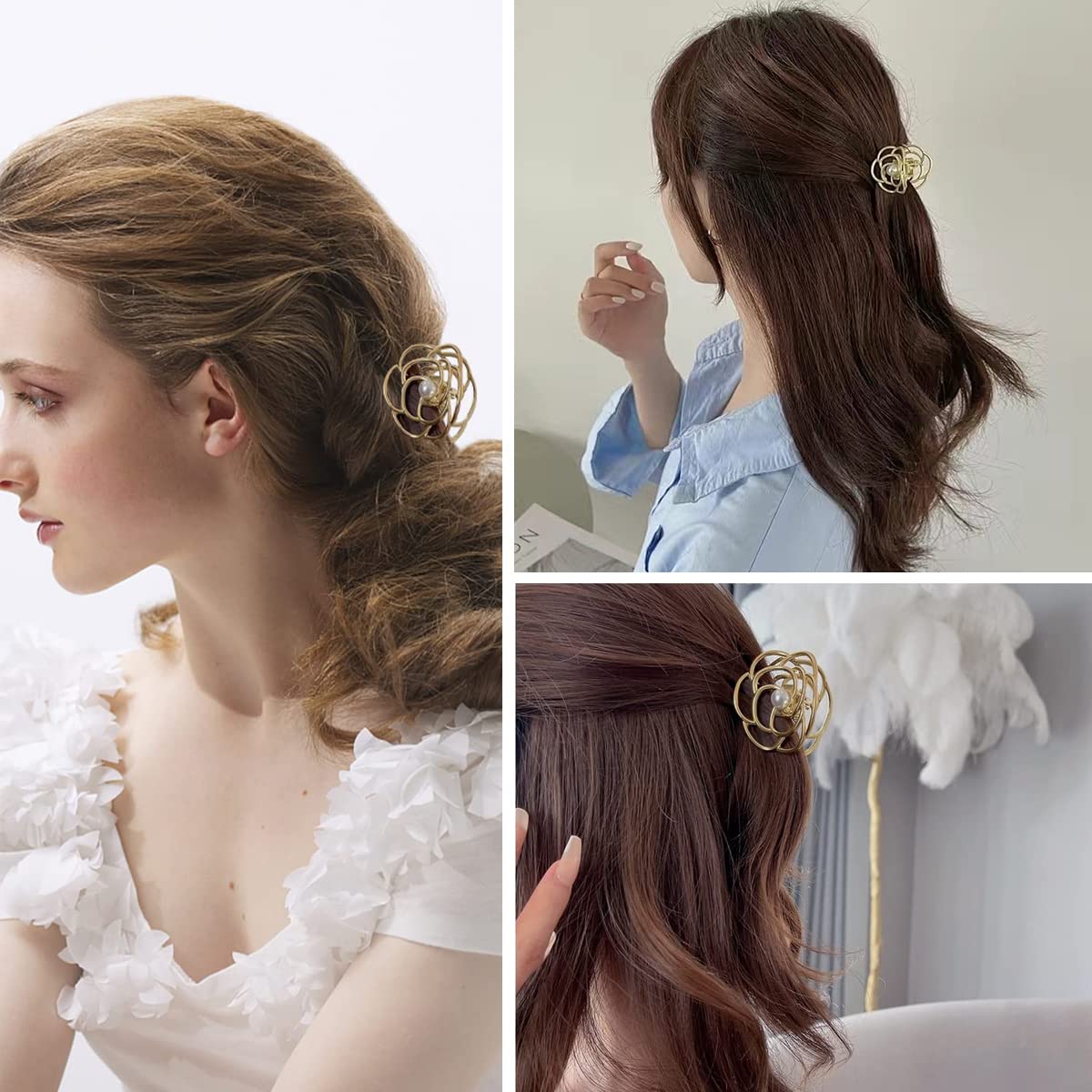 PALAY 4 Pcs Small Hair Clips for Women Stylish Latest Rose Flower Metal Hair Claw Clips, 1.4 Inch Cute Pearl Gold Silver Jaw Clamp, Nonslip Fancy Horsetail Clip Hair Accessories Girls Gift PALAY 4 Pcs Small Hair Clips for Women Stylish Latest Rose Flower Metal Hair Claw Clips, 1.4 Inch Cute Pearl Gold Silver Jaw Clamp, Nonslip Fancy Horsetail Clip Hair Accessories Girls Gift